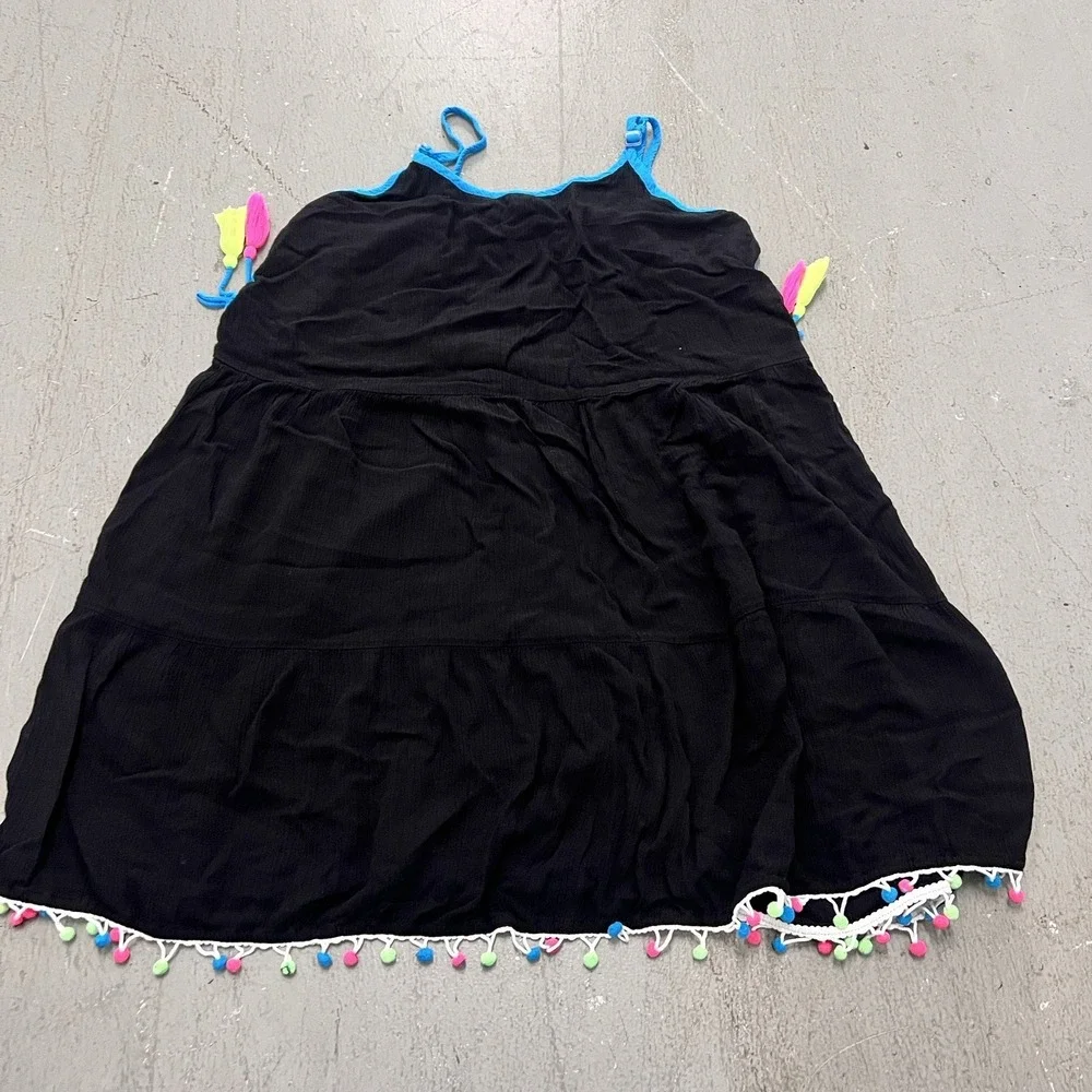 Justice Girls Black Spaghetti Strap Dress Neon Fringe Party Outfit Size 14/16‎